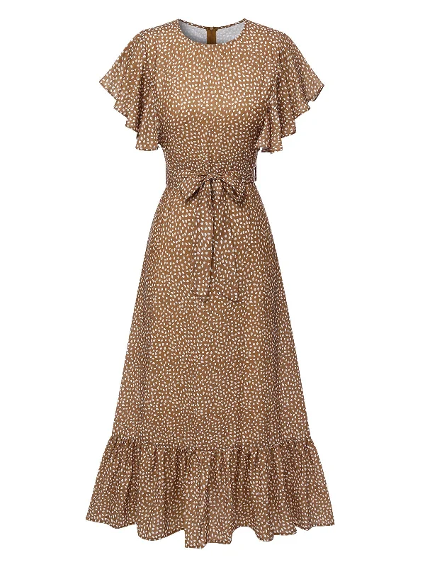 Camel Color 1940s Polka Dots Ruffles Dress