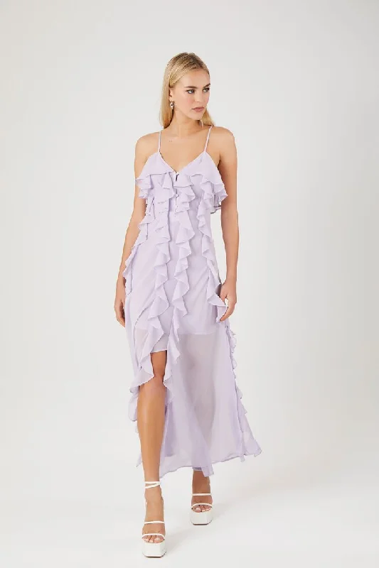 Forever 21 Women's Chiffon Ruffle Maxi Long Dress Dusty Lavender