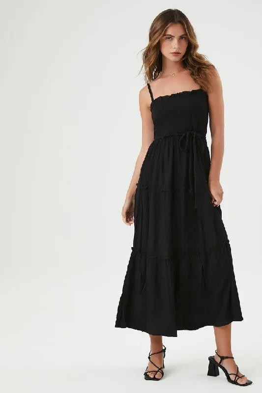 Forever 21 Women's Tiered Tie-Front Cami Maxi Long Dress Black