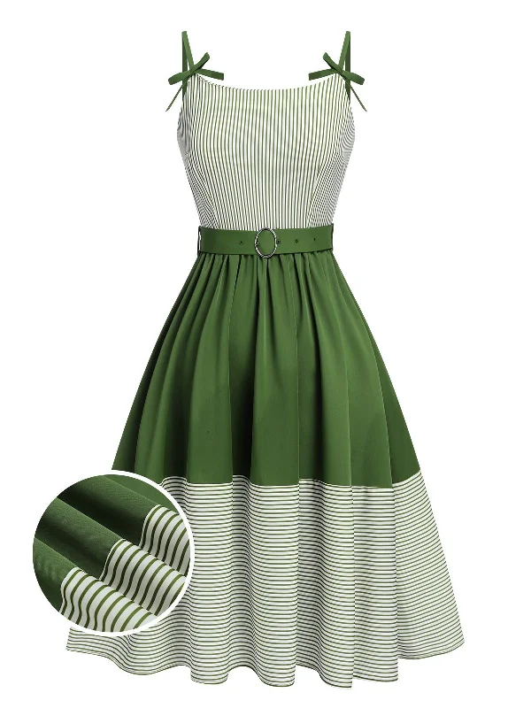 Green 1940s Spaghetti Strap Stripes Patchwork Belted Dress