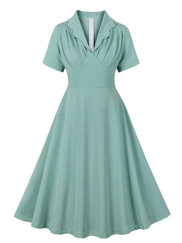 Green Gray 1950s Lapel Solid Dress