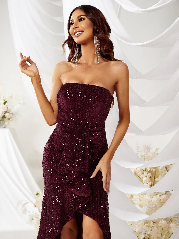 NiDELL Spot Sequin Formal Dress Sequined Tube Top Sleeveless Prom Evening Dress Irregular Dress-Ssn173