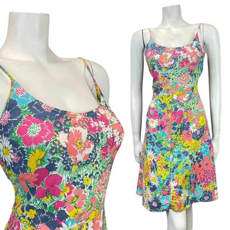 VINTAGE 60s 70s BLUE PINK GREEN FLORAL PSYCHEDELIC STRAPPY SUMMER SUNDRESS 10 12