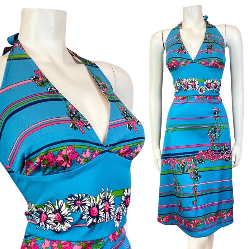 VINTAGE 60s 70s BLUE PINK WHITE FLORAL DAISY STRIPED SUMMER HALTER DRESS 12 14