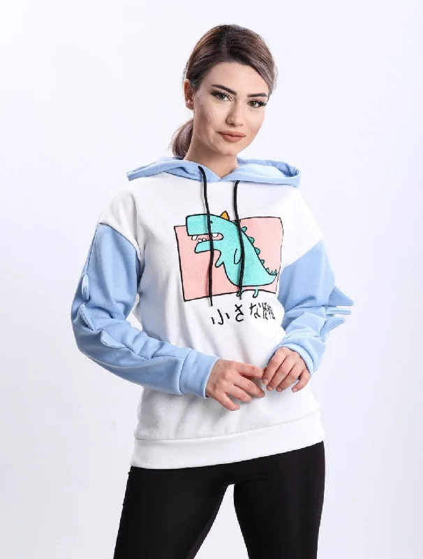 Turkish Dinosaur Cartoon Hoodie Women Fashion Sweatshirt - Blue