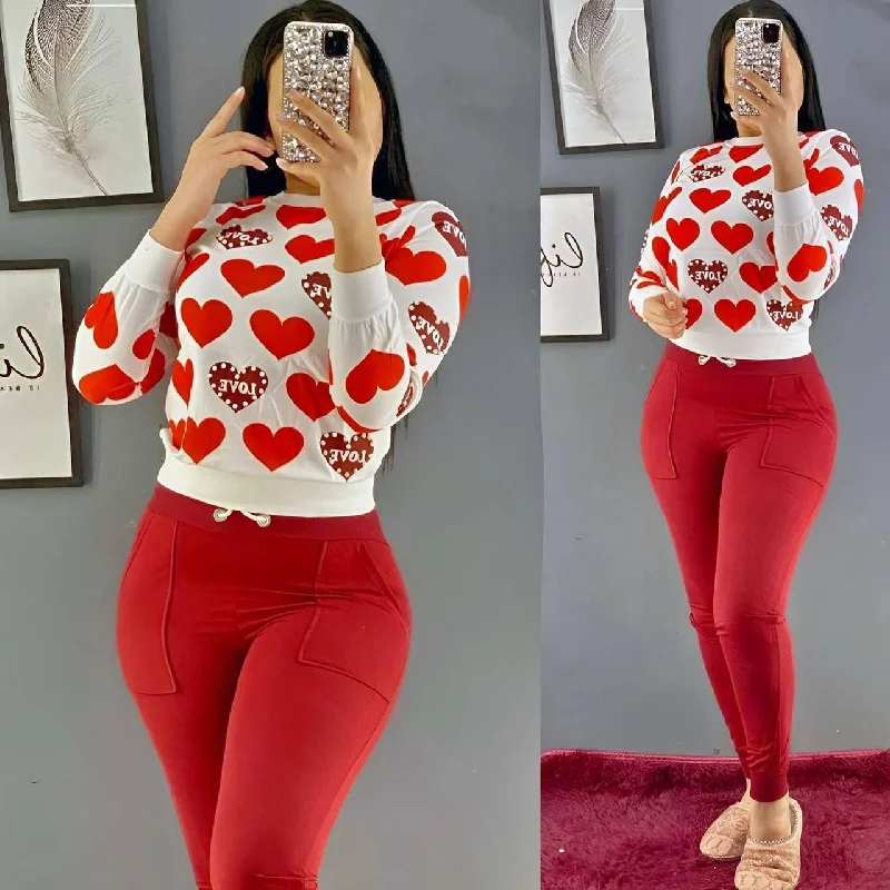 Turkish Pearl Decorated Printed  Long Sleeve Top & Pant - Red