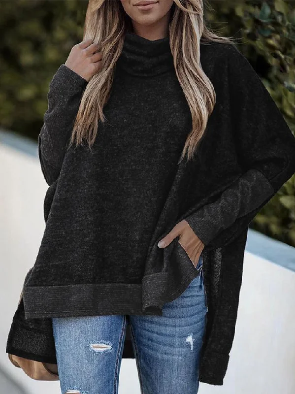 Women's Sweaters Bat Sleeve High Neck Irregular Split Long Sleeve Sweater