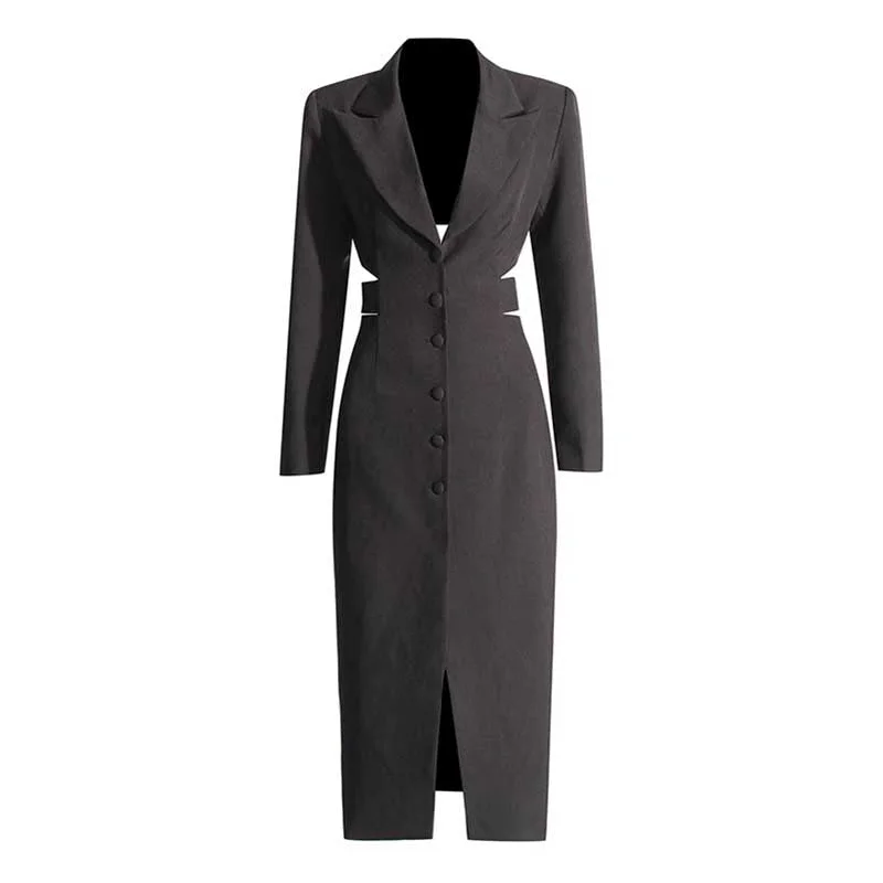 Women's Cut-Out Maxi Coat Slim Fit Black Blazer Dress